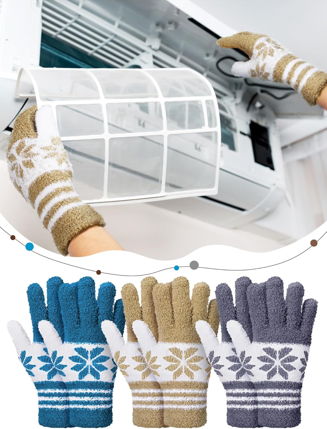 Patelai 3 Pairs Microfiber Plant Dusting Gloves Leaf Cleaning Gloves for Indoor Plants, Blinds, Furniture, House(Small,Snowflake Dark Blue, Gray, Khaki, White)