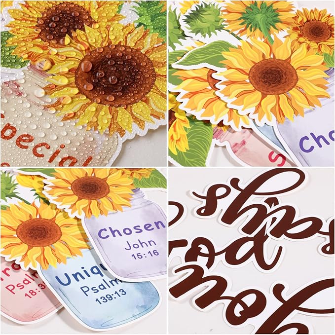 Outus 28 Pcs Sunflower Bulletin Board Set Spring Religious Bulletin Board Decorations Inspired Christian Flower Cutouts Hummingbird God Says You are Wall Art for School Classroom Teacher Kids