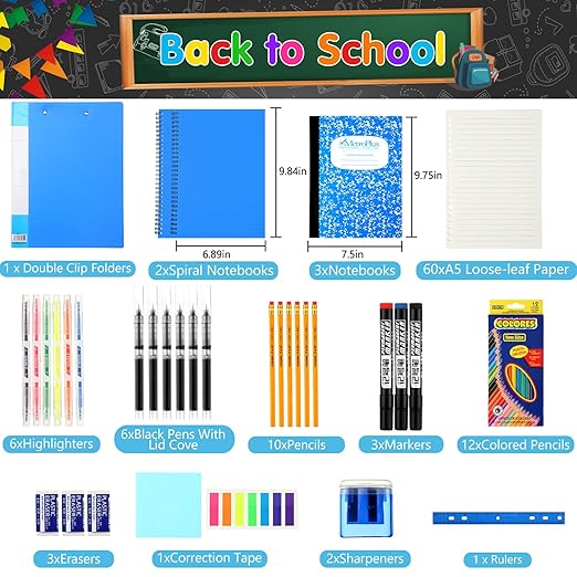 126 Pcs Christmas Middle High School Supplies Kit with Backpack for Student 7-12 Grades, School Supplies Bulk Bundle Essential Notebook Calculator for Xmas Holiday Gifts(Blue Aesthetics)