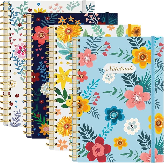 Coopay 4 Pack B5 Spiral Notebook Journal for Women, College Ruled Composition Notebooks Hardcover Spiral Journal, Cute Blooming Floral, Office School Business Supplies, 10.2" x 7.5", 160 Page