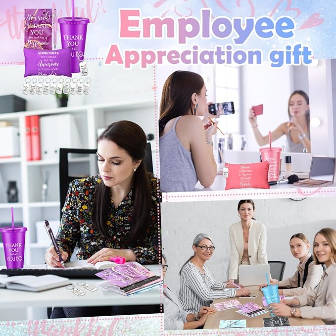50 Pcs Employee Appreciation Gift for Women 24 oz Thank You Plastic Tumbler with Inspirational Notepads Ballpoint Pens Makeup Bag Keychain Professional Gifts for Coworker Holiday
