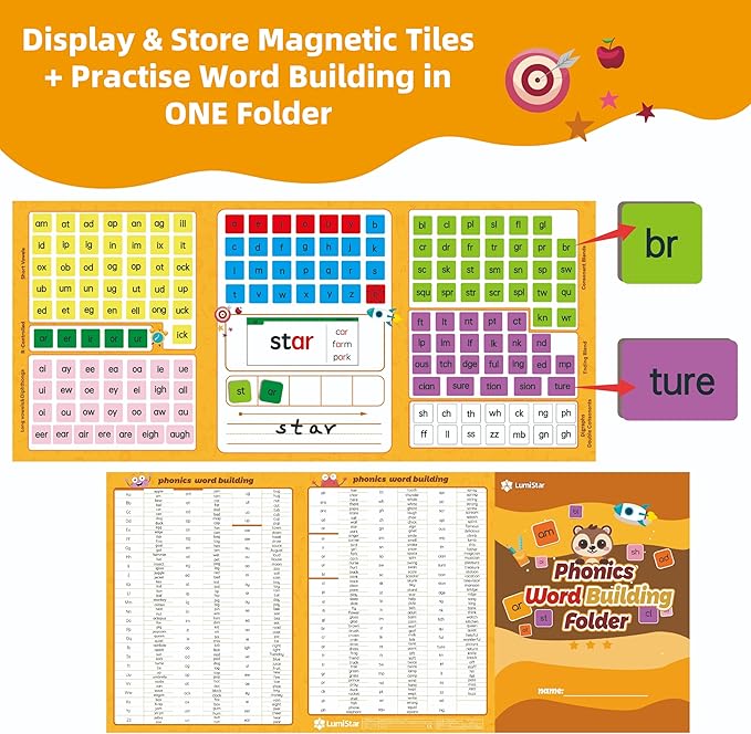 Phonics Word Building Magnetic Tiles Set, Phonics Manipulatives, Magnetic Letter Tiles, Educational Learning Kit with 239 Foam Tiles, 90 Cards, Magnetic Folder