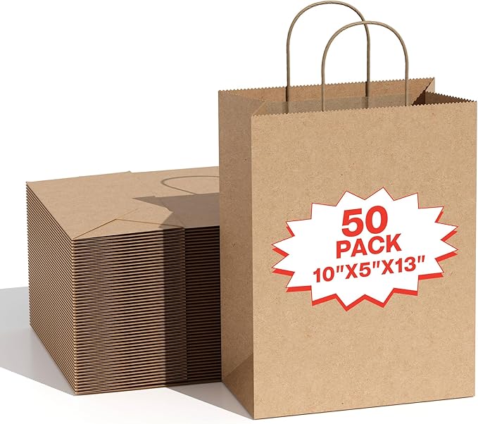 Simple Deluxe 50-Pack Kraft Paper Bags with Handles (10x5x13 Inch) - 100% Recycled Natural Brown Shopping Bags for Retail, Gifts & Merchandise - Made in USA, 90GSM Thick