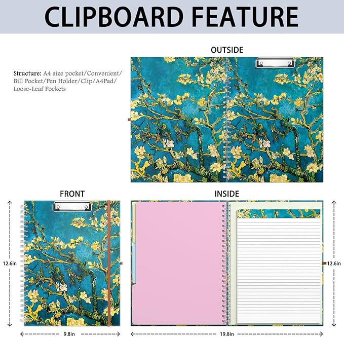 Rimilak Spiral Clipboard Folio with Refillable Lined Notepad, 14.5 x 9.8 in, Hardcover Cover with 5 Interior Pockets, Elastic Band and Pen Loop Series. Cute Stylish Clipfolio, Almond Tree