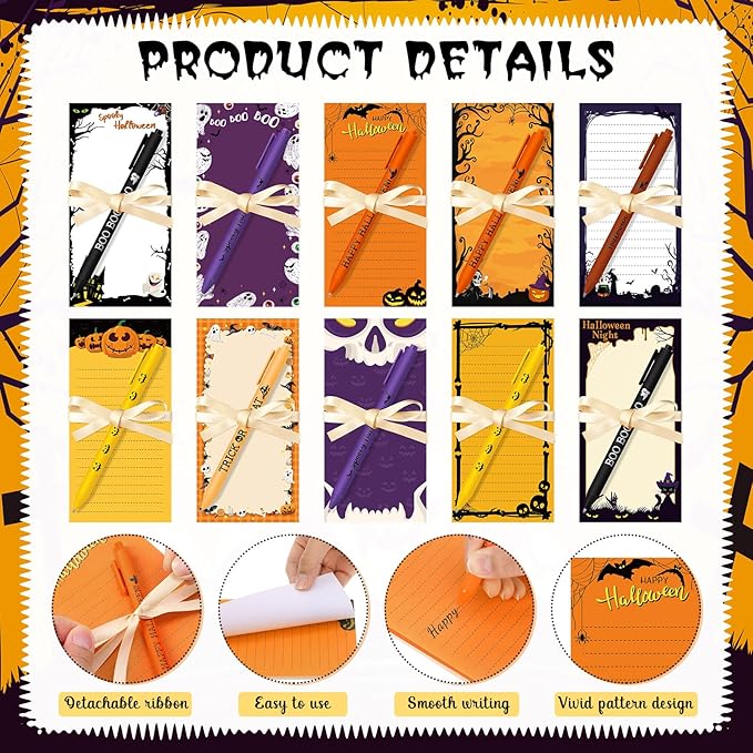 Tellingyou 30 Pcs Halloween Gifts Spooky Notepads with Pen Trick or Treat Sticky Notes Bat Witch Pumpkin Memo Pads Bulk to Do List for Halloween Trick or Treat Goodie Bag Filler Office Supplies