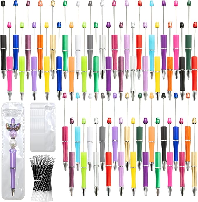 300 Pieces DIY Beadable Pen Kit – 100 Plastic Ballpoint Pens with Refills & Bags – School Supplies, Office Accessories & Decorative Items for Students & Teachers (Multicolor)