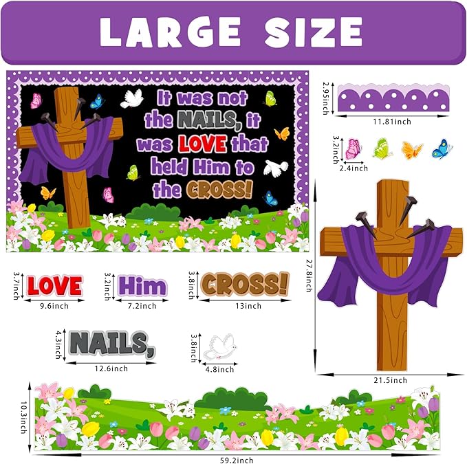 Easter Cross Bulletin Board Decoration Set, Religious Jesus Christian Classroom Decorations, Spring Faith Lily Butterfly Cutouts, April Sunday School Church Wall Window Door Decor for Teacher