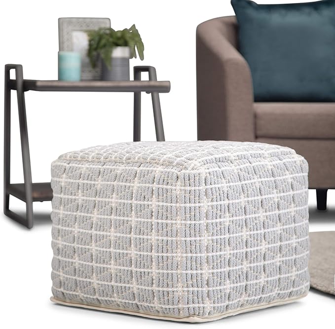 SIMPLIHOME Noreen Square Pouf - 18 inch Wide Upholstered Handwoven Cotton Ottoman in Light Blue and White, Boho Footstool or Extra Seating for Living Room with Polystyrene Filling, Assembled