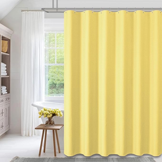 Dynamene Yellow Fabric Shower Curtain - Waffle Weave Textured Heavy Duty Cloth Shower Curtains for Bathroom, 256GSM Hotel Luxury Weighted Bath Curtain Set with 12 Hooks,72x72, Yellow