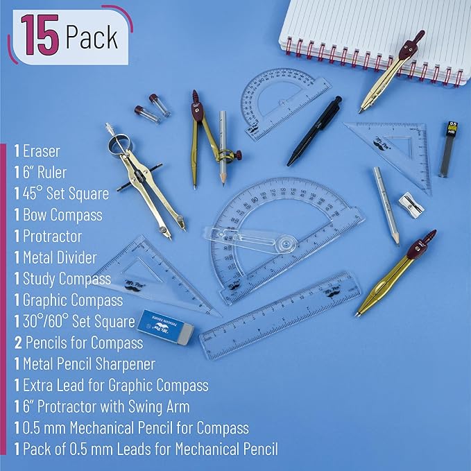 Mr. Pen- Geometry Set, 15 pcs, Gold, 6 Inch Swing Arm Protractor, Divider, Set Squares, Ruler, Compasses and Protractor