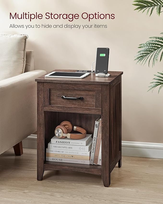 VASAGLE LIRY Collection - Farmhouse Nightstand with Charging Station, Bedside Table, Side Table with Drawer, Open Compartment, for Bedroom, Maroon Brown ULET659K51