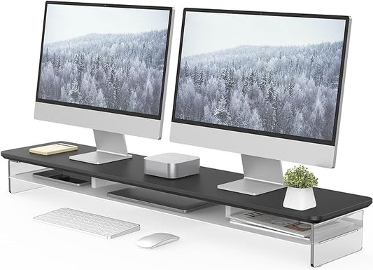Fenge Acrylic Monitor Stand Riser, 42.5 Inches Dual Monitor Stand with Metal Storage, 2 Tier Acrylic Computer Riser for Desk, Clear Laptop Stand for PC, Laptop, Printer, TV, Black
