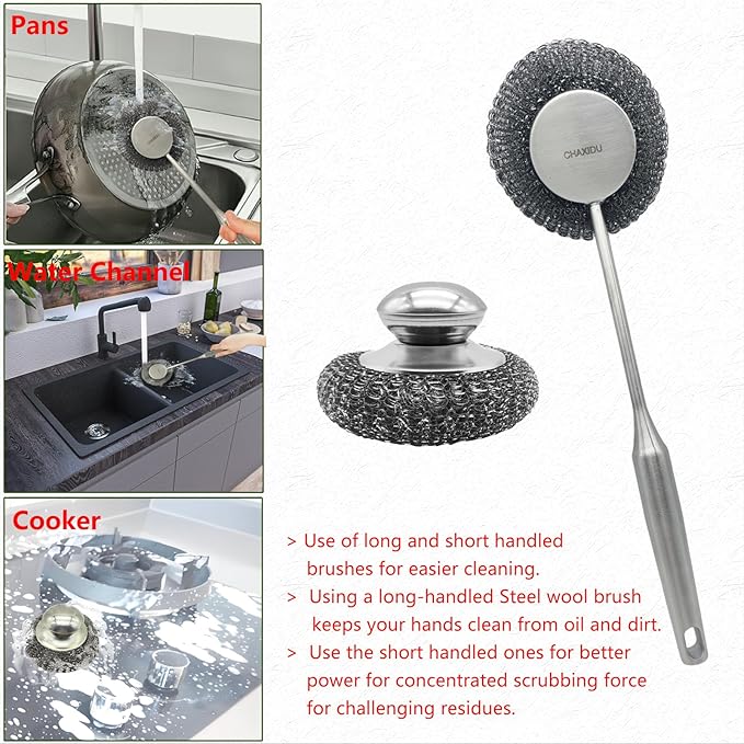 Stainless Steel Wool Scrubber Set, Long Handle & Handle Brushes,Metal Brush for Pots, Pans, Grills & Cutlery Cleaning (3 Pack)