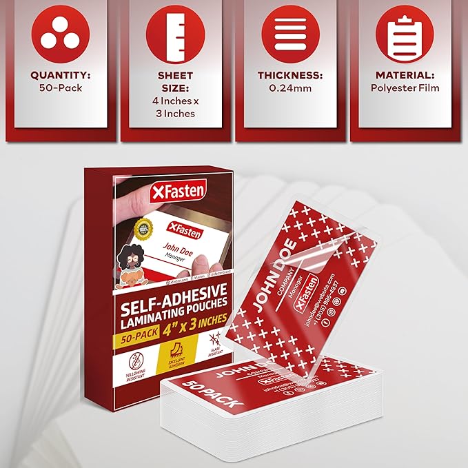 XFasten Self Sealing Laminating Pouches Business Card Size, 50-Pack, 10 Mil Non-Yellowing Business Card Laminating Pouches, Self-Adhesive Laminate Sheets, Durable, No Machine Needed, 4 in x 3 in