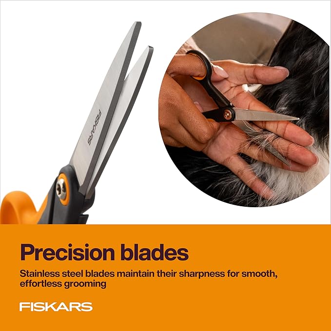 Fiskars Pet, Dog & Cat Grooming Scissors, Precision Stainless Steel Blades & SoftGrip Handle, Cat and Dog Supplies, 6.75”, Orange/Black, Trimming Scissors