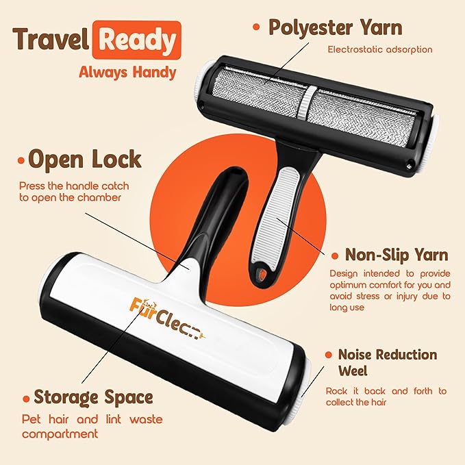 FurClean Pet Hair Remover Roller – Reusable Lint Roller – Dog & Cat Hair Remover for Furniture, Couch & Bedding – Portable Multi-Surface Lint Roller for Pet Hair Removal.