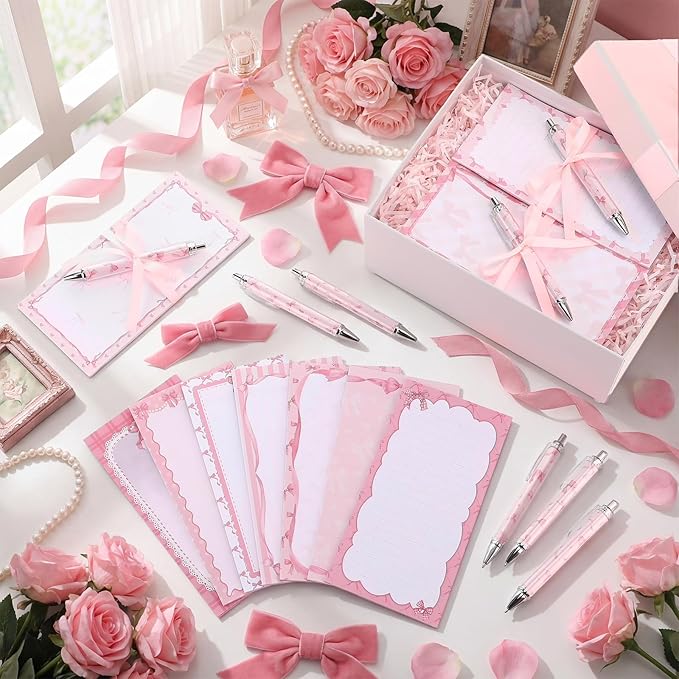 Tellingyou 30 Pcs Pink Bow Sticky Notes with Pens, Cute Memo Pads with Ribbons, 3.9x7.8 Inch to Do List Notepad Set, Bulk Pink Stationery Gifts for Women Coworker Office Supplies Bridal Shower Favors