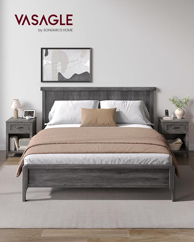 VASAGLE LIRY Collection - Farmhouse Nightstands with Charging Station, Set of 2 Bedside Tables, Side Tables with Drawer, Open Compartment, for Bedroom, Misty Gray ULET859G01
