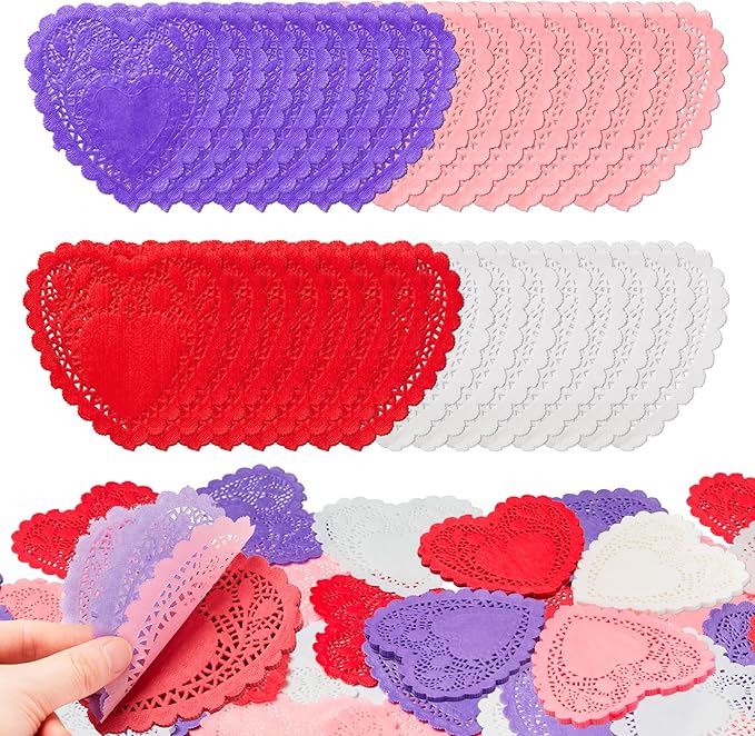 JOYIN 144 Pcs 4" Valentines Day Heart Doilies Party Decorations with 4 Colors Heart Doilies Cutouts Lace Paper Craft Gift Set for Valentine Day Party Tableware Decoration