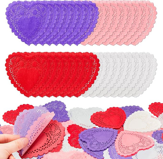 JOYIN 144 Pcs 4" Valentines Day Heart Doilies Party Decorations with 4 Colors Heart Doilies Cutouts Lace Paper Craft Gift Set for Valentine Day Party Tableware Decoration