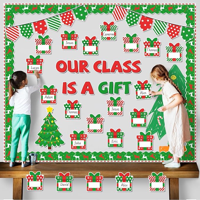 Christmas Bulletin Board Decoration Set Xmas Gift Boxes Borders Cutouts for Party School Classroom Door Welcome Bulletin Board Craft Home Wall (Our Class is a Gift)