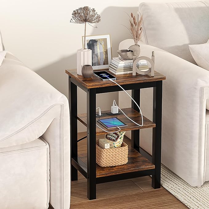 VECELO Modern Nightstands with Charging Station,Side End Table Night Stand with Storage Shelf for Small Spaces, Bedroom,Living Room