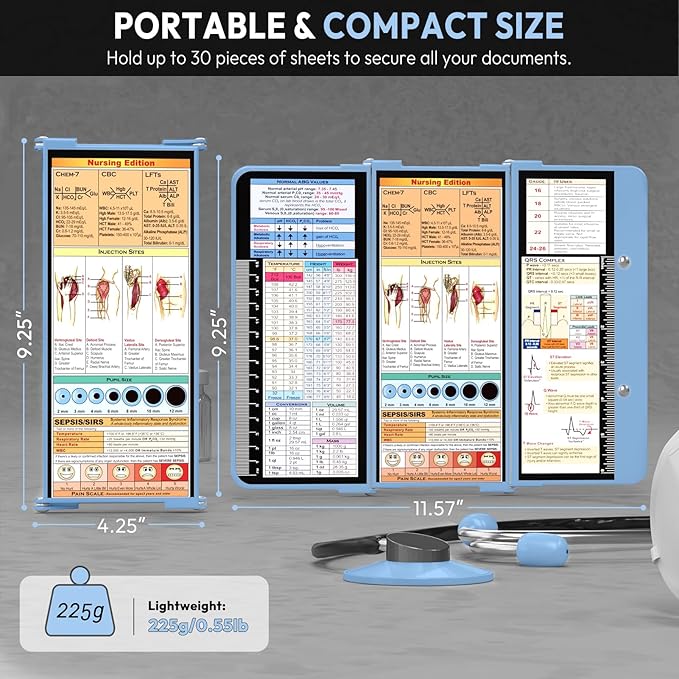 Nursing Clipboard Foldable, Foldable Clipboard w/Nursing Edition Cheat Charts,3 Layers Aluminum, Nurse Clip Board w/Low Profile Clip&Pen Clip Pocket for Nurses and Doctors,Light Blue