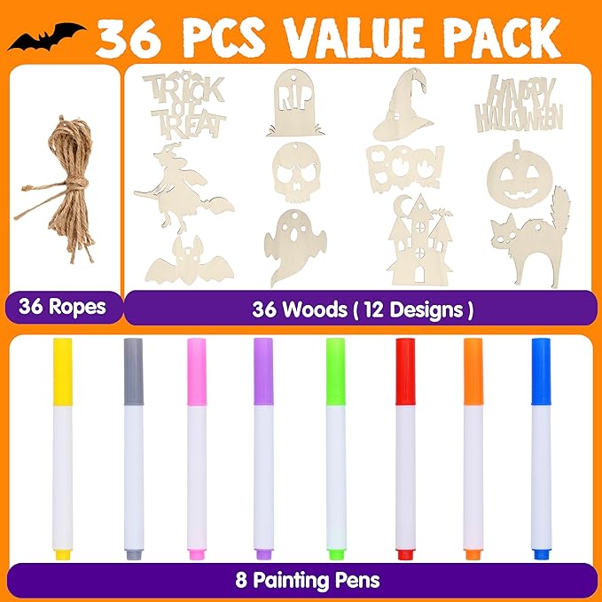 JOYIN 36 Pcs Halloween Craft Wooden Painting Kit, Halloween Party Supplies, Party Favors for Kids, Wood Blank Cutouts Ornaments, Gift Tags Decor for School Art DIY Activities Goodies Games(Age 8+)