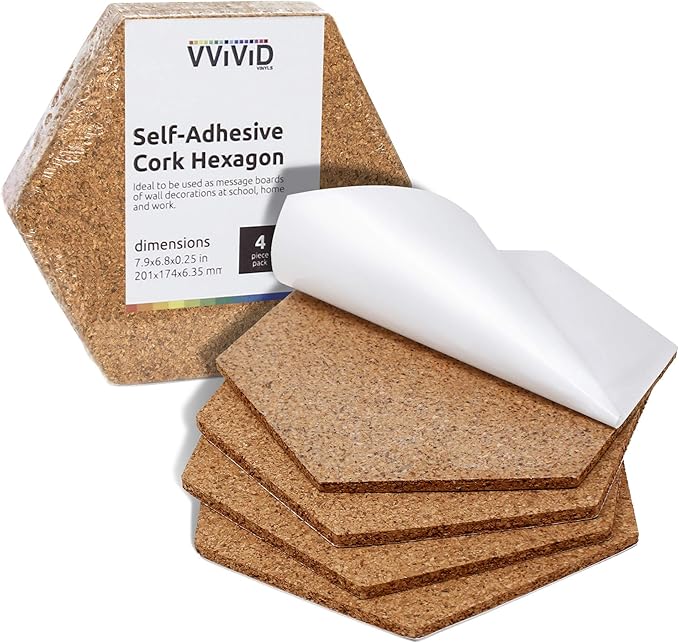 VViViD Adhesive Backed 7.9 Inch by 6.8 Inch Hexagonal 1/4 Inch Thick Cork Foam Board (4 Pack)