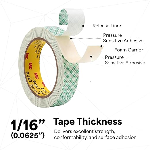 3M 4016 Double Coated Urethane Foam Tape (1/16 thick), 0.75" Wide, 5 yd. Length, White (1 roll)
