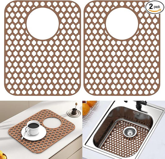 2 Pack Silicone Sink Protector for Kitchen Sink Bathroom, 13.58" x 11.6" Heat-resistant Sink Mat Non-Slip and Durable Silicone Protectors, Rear Drain, Coffee