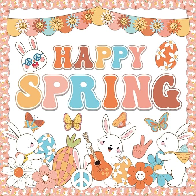 gisgfim Spring Bulletin Board Decoration Set Easter Bunny Borders Cutout for Party School Classroom Door Welcome Bulletin Board Craft Home Wall(Groovy Spring)