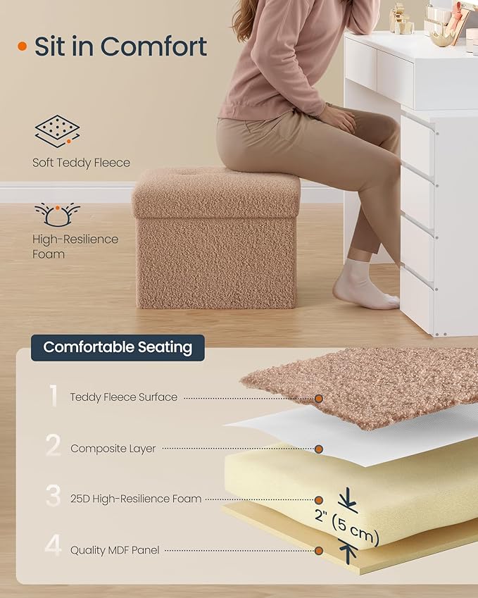 SONGMICS Small Folding Storage Ottoman, Foot Rest Stool, 12.2 x 16.1 x 12.2 Inches, Ottoman with Storage, Load up to 286 lb, for Living Room, Bedroom, Dorm, Camel Brown ULSF094K01