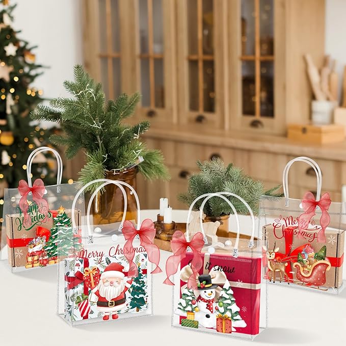 H1vojoxo Merry Christmas Gift Bags - 24PCS Watercolor Christmas Clear PVC Gift Bags with Handle and Ribbon Xmas Party Giftss Bag Reusable Xmas Goodie Bag PVC Gifts Wrap Totes for Kids Family Friends