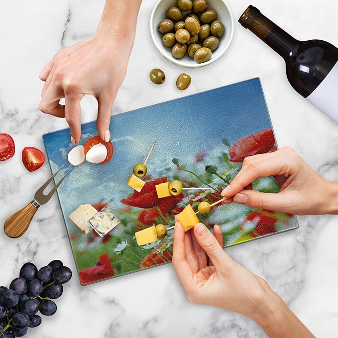 Ambesonne Country Cutting Board, Idyllic Spring Meadow with Poppy and Daisy Flowers Sunny Sky Clouds Garden Design, Decorative Tempered Glass Cutting and Serving Board, Small Size, Blue Red