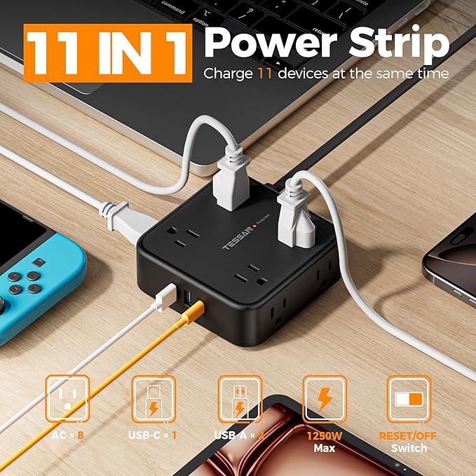 TESSAN 10 Ft Flat Plug Extension Cord with Multiple Outlets, Surge Protector Power Strip with 3 USB(1 USB C) 8 Outlets, 900J Protection, Desk Charging Station for Home, Office, Dorm Room, Black