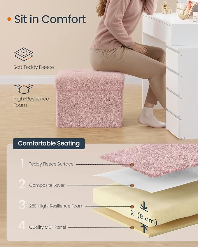 SONGMICS Small Folding Storage Ottoman, Foot Rest Stool, 12.2 x 16.1 x 12.2 Inches, Ottoman with Storage, Load up to 286 lb, for Living Room, Bedroom, Dorm, Jelly Pink ULSF094R01