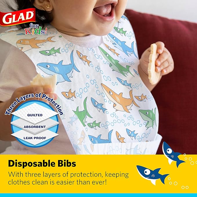 Glad for Kids Shark Disposable Paper Bibs with Crumb Catcher, Absorbent Leakproof Bibs for Toddlers and Babies, Mess Free Feeding, Crafts, Parties, and Travel Use, 30 Count