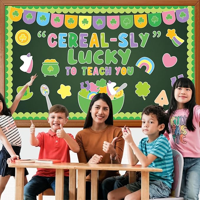 St. Patrick's Day Bulletin Board Set March Classroom Decorations Lucky Shamrock Unicorn Paper Cutouts St. Patrick's Day Green Bulletin Board Borders for School Wall Door Decor