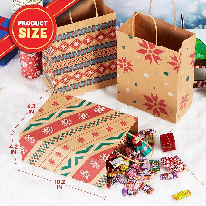 JOYIN 24 Christmas Kraft Gift Bags for Classrooms and Party Favors, Holiday Goody Gift Bags for Xmas Present Wrapping, Christmas Decorations, Party Supplies Decor (10.2" x 4.2" x 6.3 ")