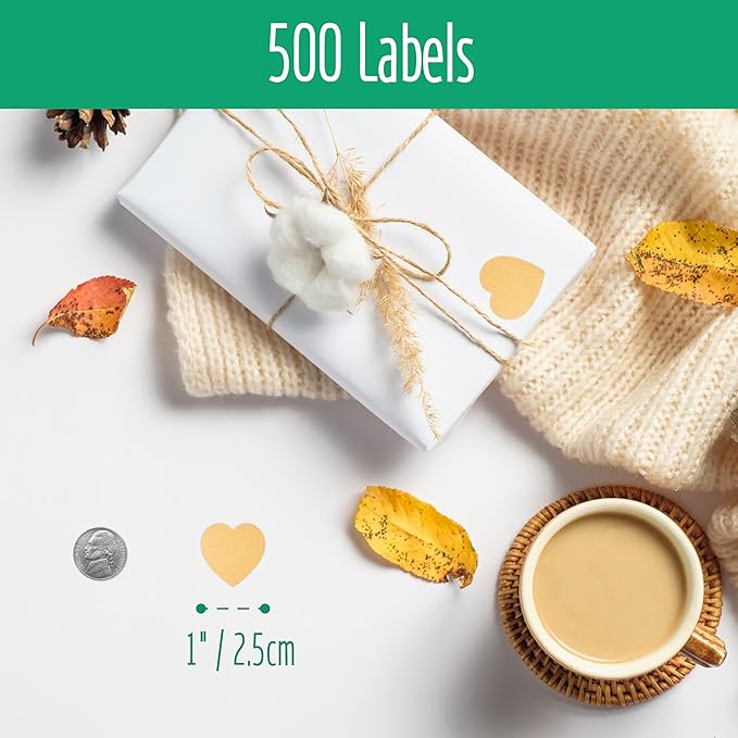 500 Heart Shaped Kraft Stickers, Natural Brown Round Blank Labels with Permanent Adhesive Color Code Kraft Stickers with Perforation Line for Crafts, Organizing, Personal and Business Use (Each 1")