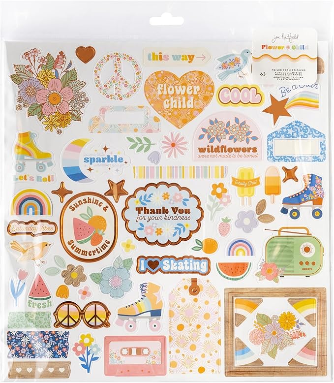 Jen Hadfield Flower Child Foam Sticker Sheet 12"X12" 63/Pkg-W/Silver Holographic Foil