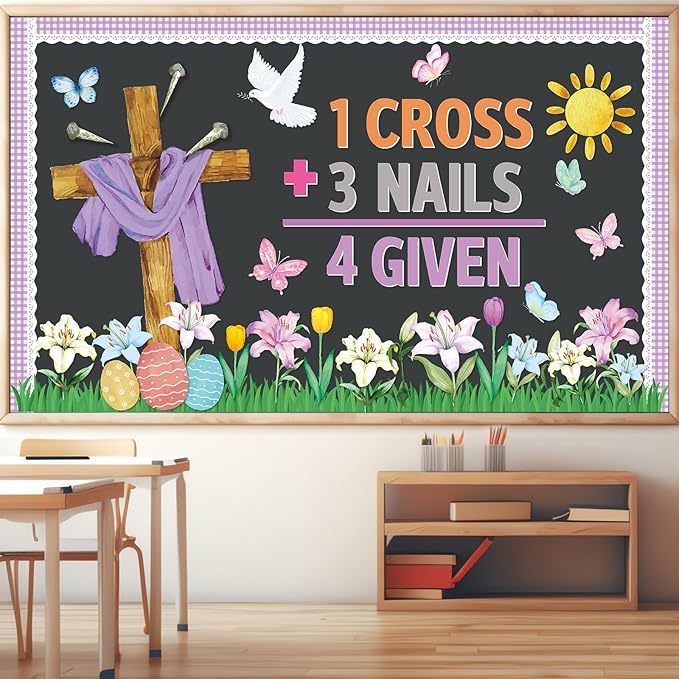 Easter Jesus Bulletin Board Set Easter Cross Spring Classroom Decorations 1 Cross 3 Nails 4 Given Religious Paper Cutouts for Church Sunday School Chalkboard Office Wall Door Decor
