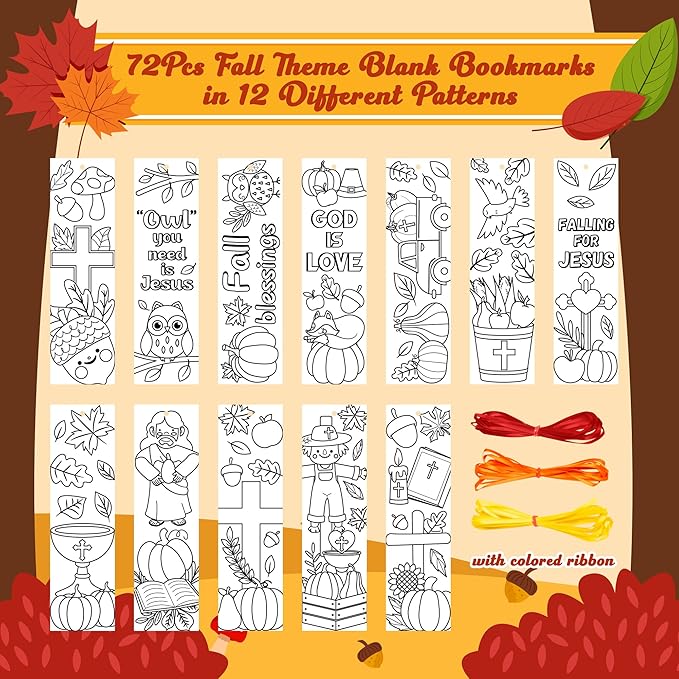 75Pcs Fall Color Your Own Bookmarks for Kids Religious Theme DIY Coloring Blank Bookmark Christian Classroom Art Craft Supplies for Teachers Students Gift Party Sunday School Reward Goodie Fillers
