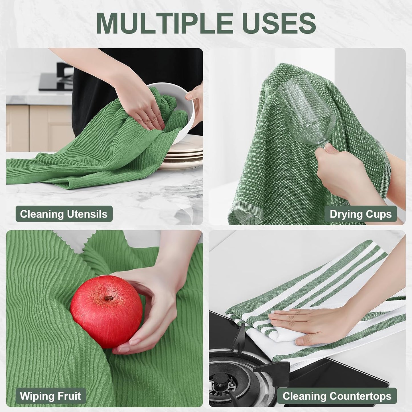 Homaxy Premium Kitchen Towels(18”x 28”, 9 Pack), Large Cotton 380 GSM Kitchen Hand Towels, Soft and Absorbent Terry Dish Towels, Multipurpose Tea Towel Set with Hanging Loop, Grass Green