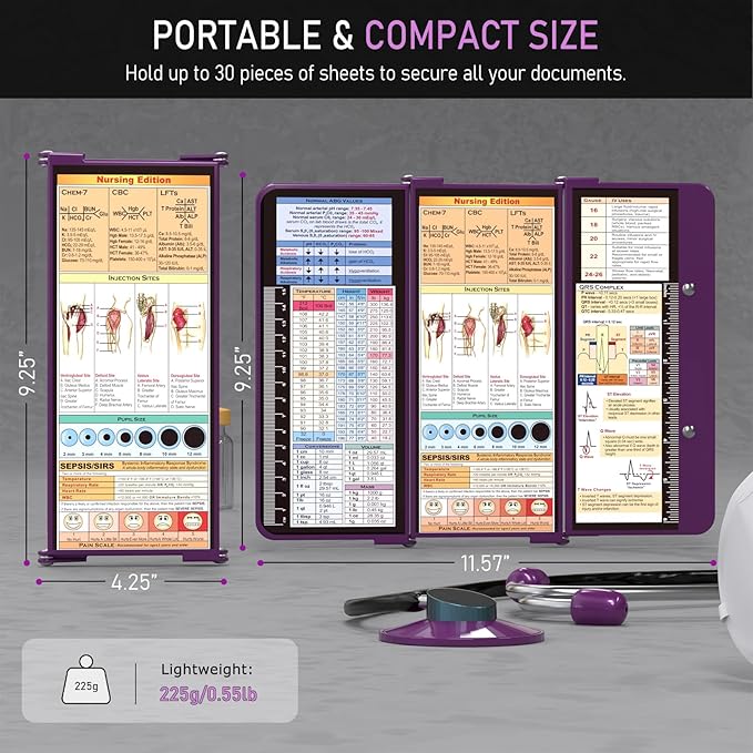 Nursing Clipboard Foldable w/Nursing Edition Cheat Charts, 3 Layers Aluminum, Nurse Board w/Low Profile Clip&Pen Clip Pocket Blank for Nurses, Doctors, Dark Purple