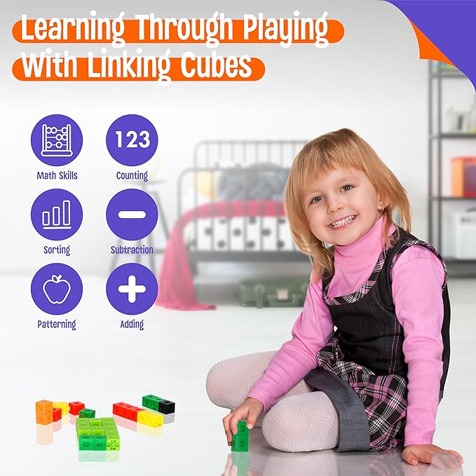100 Math Linking Cubes, Math Cubes with 320 Reusable Stickers Manipulative Geometric Shapes Connecting and Counting Snap Blocks for Early Math & Construction, Educational Toy for Preschool, Homeschool