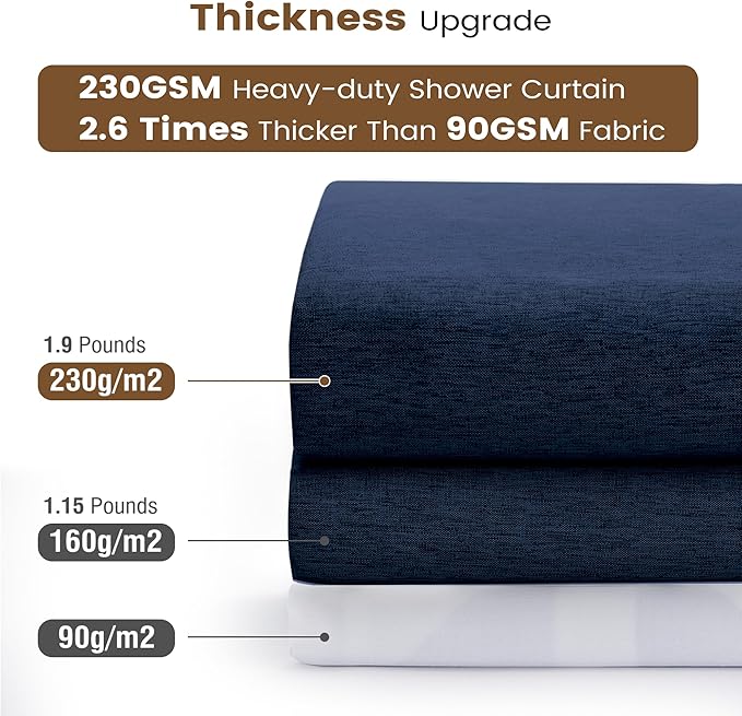 BTTN 3 in 1 Shower Curtain Set, Navy Blue Linen Textured Fabric Shower Curtain and Clear Liner Set with Plastic Hook, Modern Hotel Luxury Weighted Waterproof Shower Curtain for Bathroom, Blue, 72x72