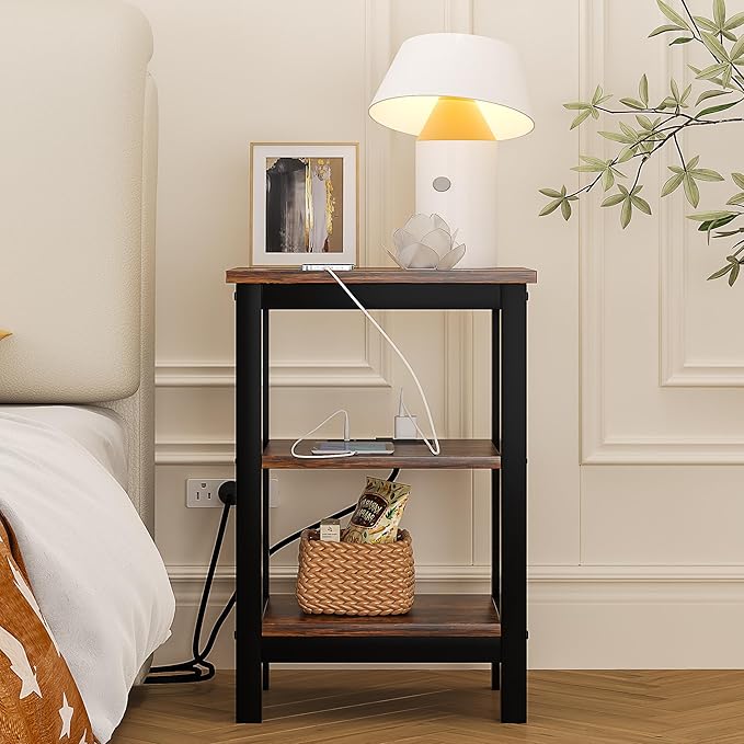 VECELO Modern Nightstands with Charging Station,Side End Table Night Stand with Storage Shelf for Small Spaces, Bedroom,Living Room