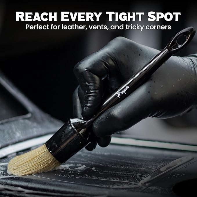 Premium Car Detailing Brush Set - Complete Professional 6 Pack Kit Detail Brushes with Soft Boars Hair Bristles for Auto Interior & Exterior - for Cleaning Leather Seats, Air Vents, Wheels & Emblems